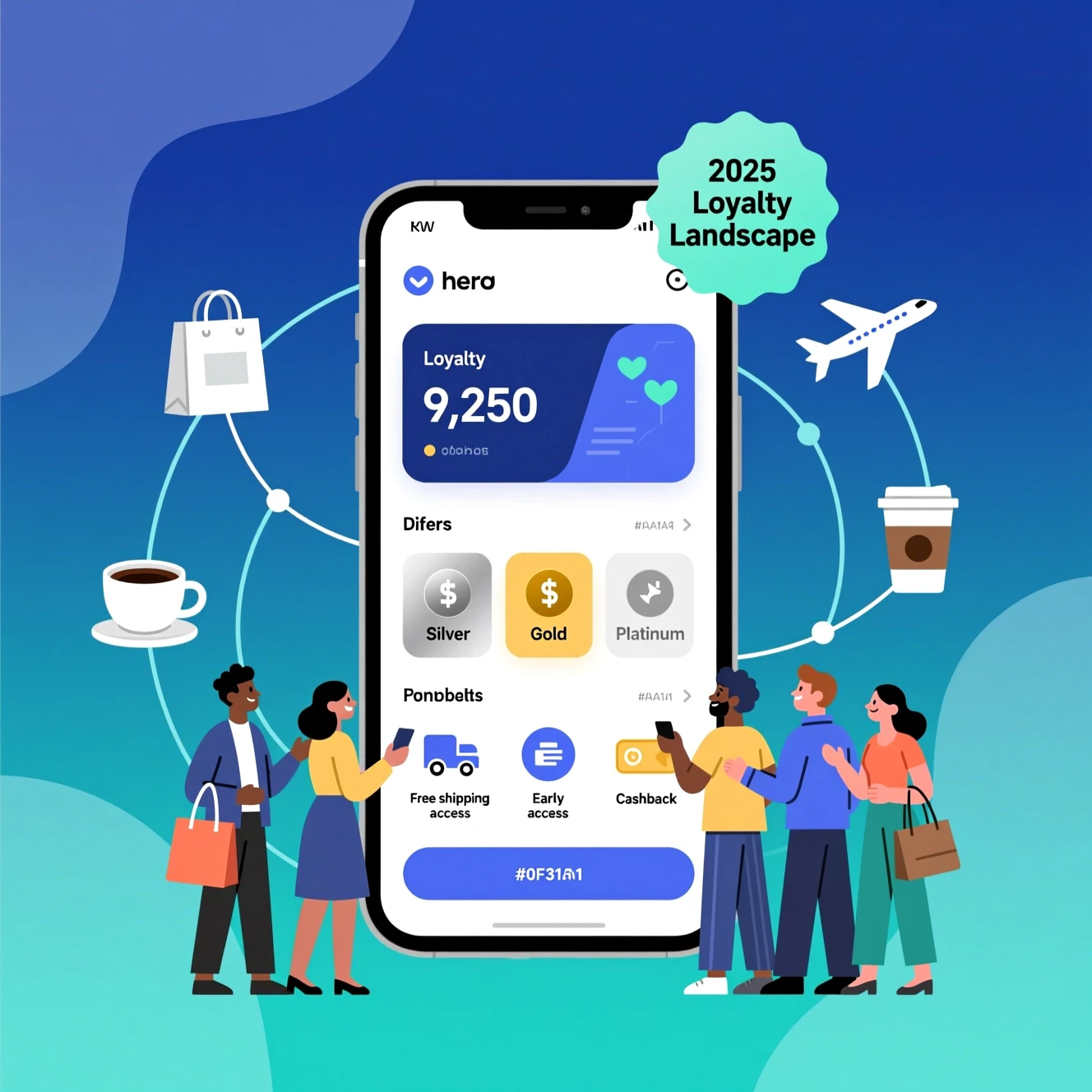 Illustrated 2025 loyalty program dashboard with points, tiers, and perks across industries.