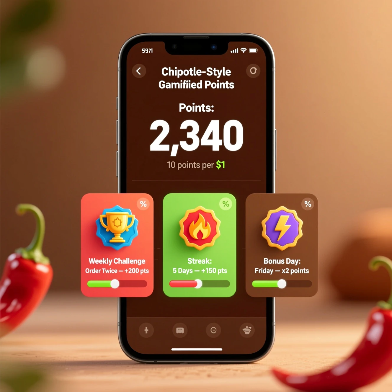 Smartphone screen with points, challenges, and progress bars for gamified rewards.