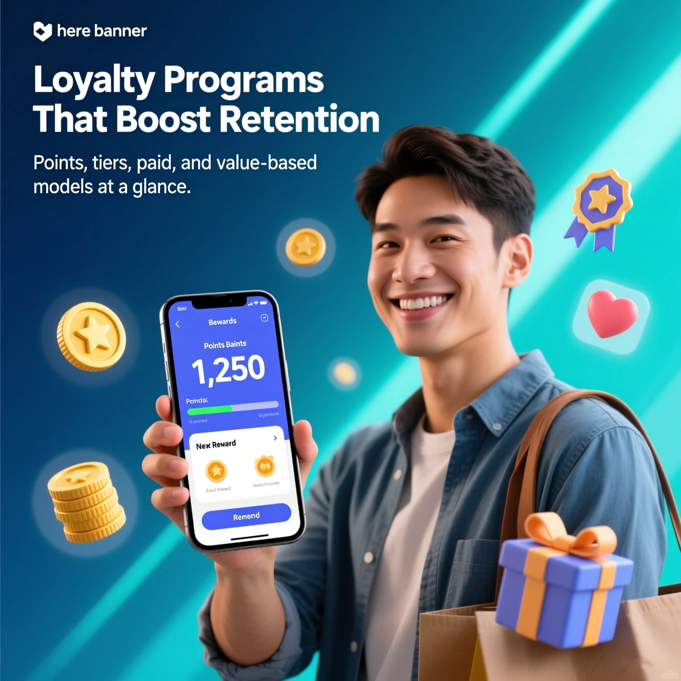 Shopper using a rewards app showing points, progress bar, and redeem options on phone.