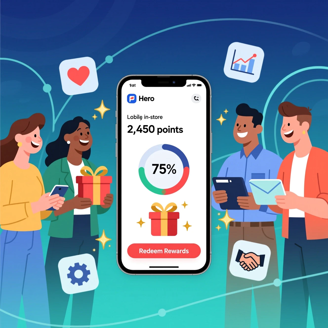 Diverse customers using a loyalty app showing points, rewards, and data-driven engagement icons.