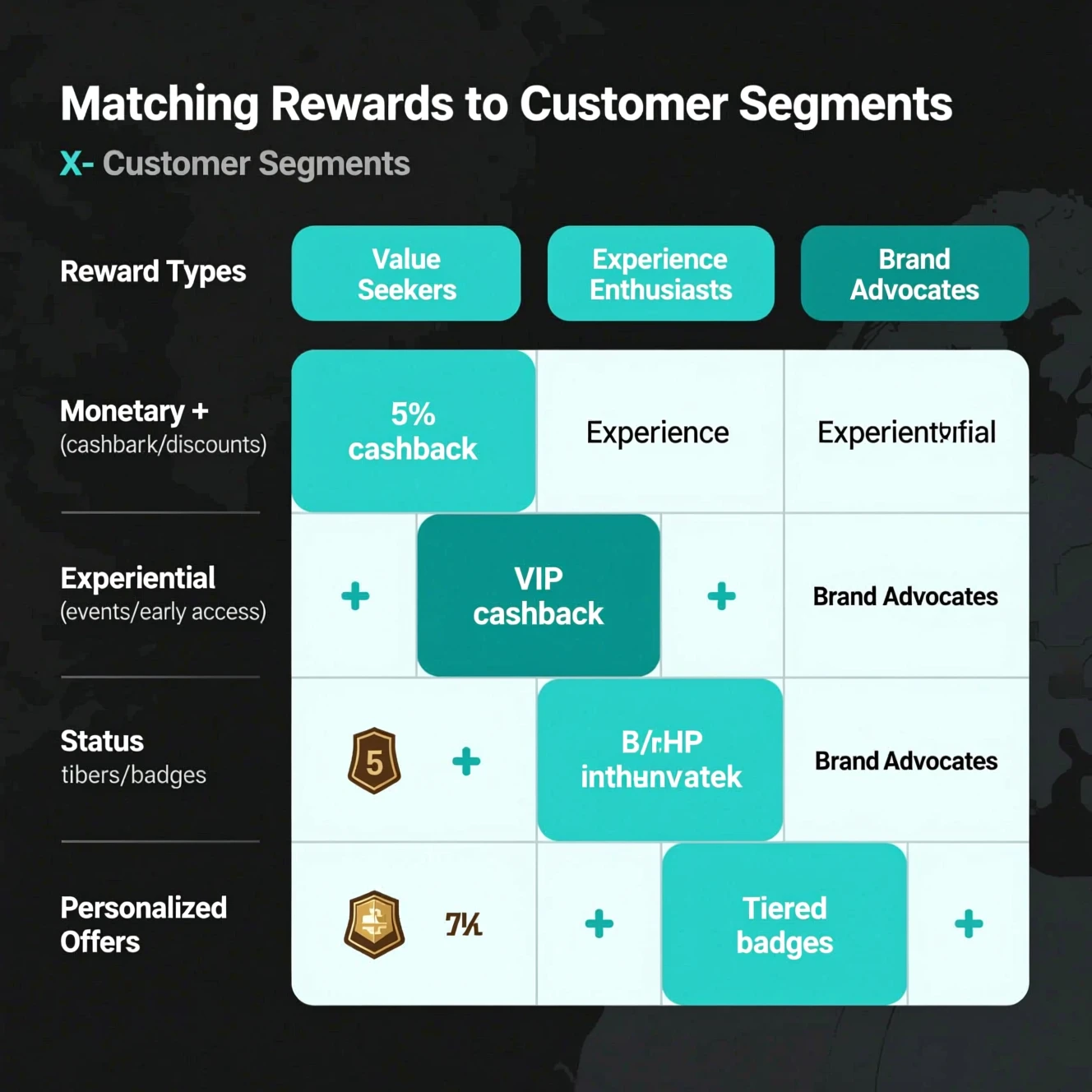 Matrix matching customer segments with monetary, experiential, status, and personalized rewards.