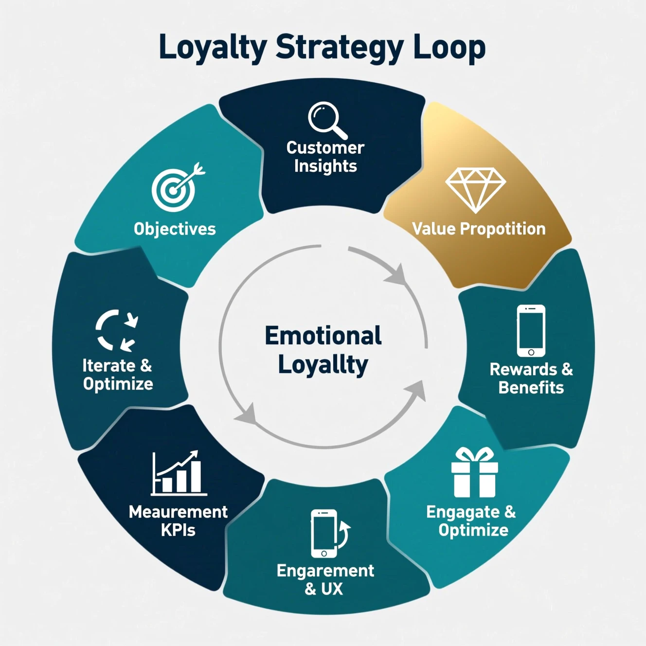 Circular loyalty strategy loop showing objectives, insights, value, rewards, engagement, and measurement.