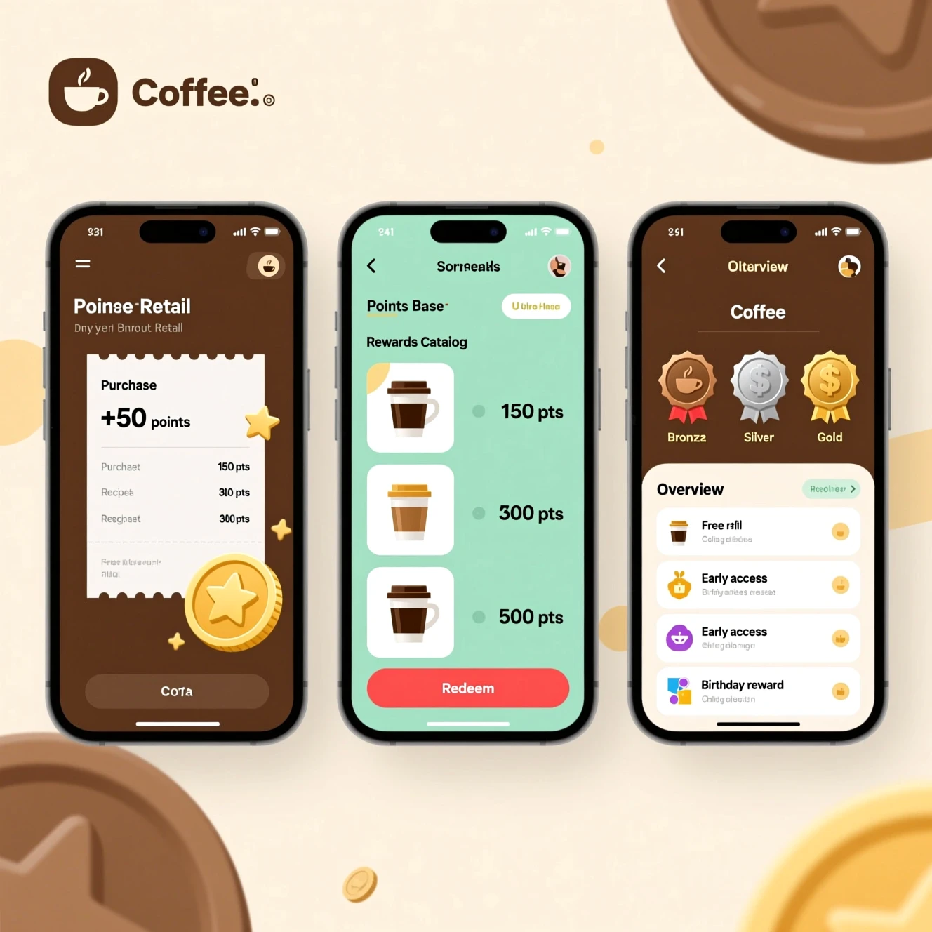 Illustrated app screens showing points earning, rewards catalog, and tier benefits for loyalty.