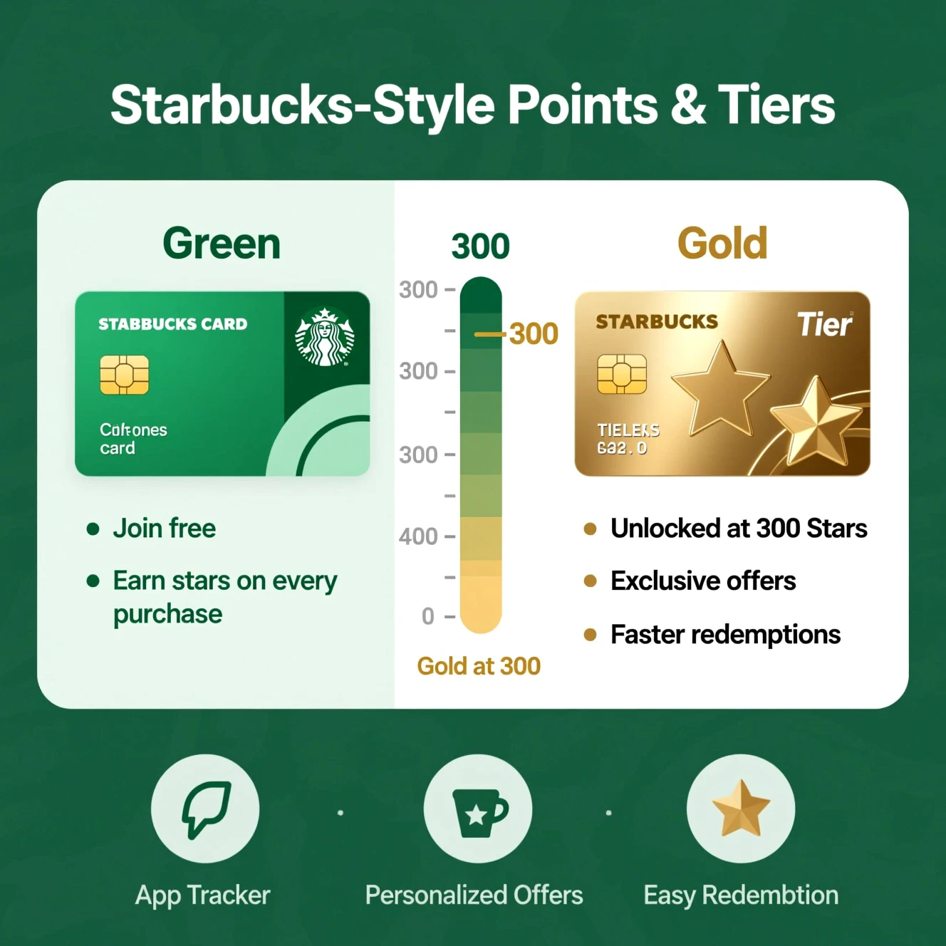 Diagram showing Green and Gold tiers with a progress bar to 300 stars.
