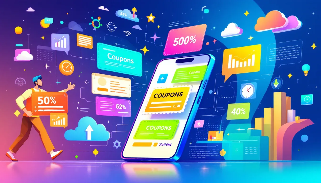 An illustration representing mobile coupon marketing, featuring a mobile phone displaying digital coupons.