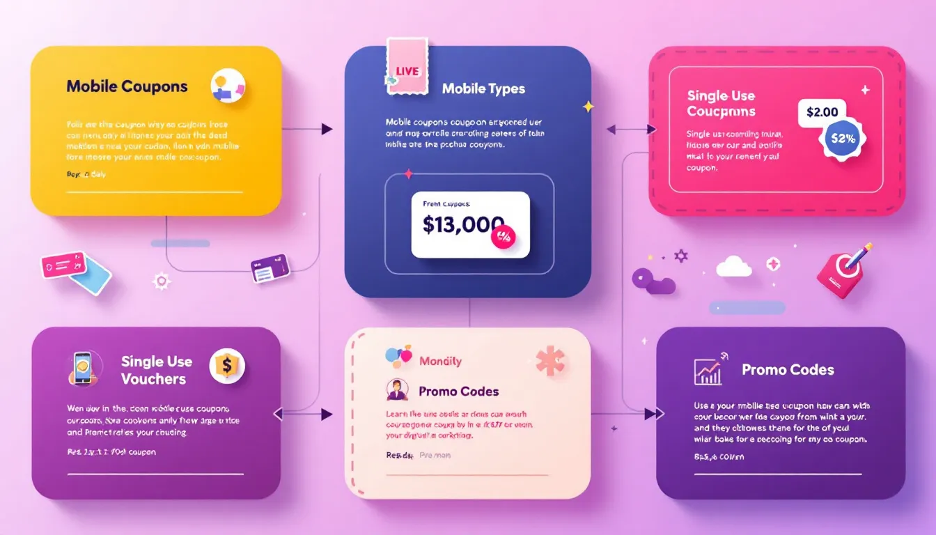 A visual representation of different types of mobile coupons, including single-use and promo codes.